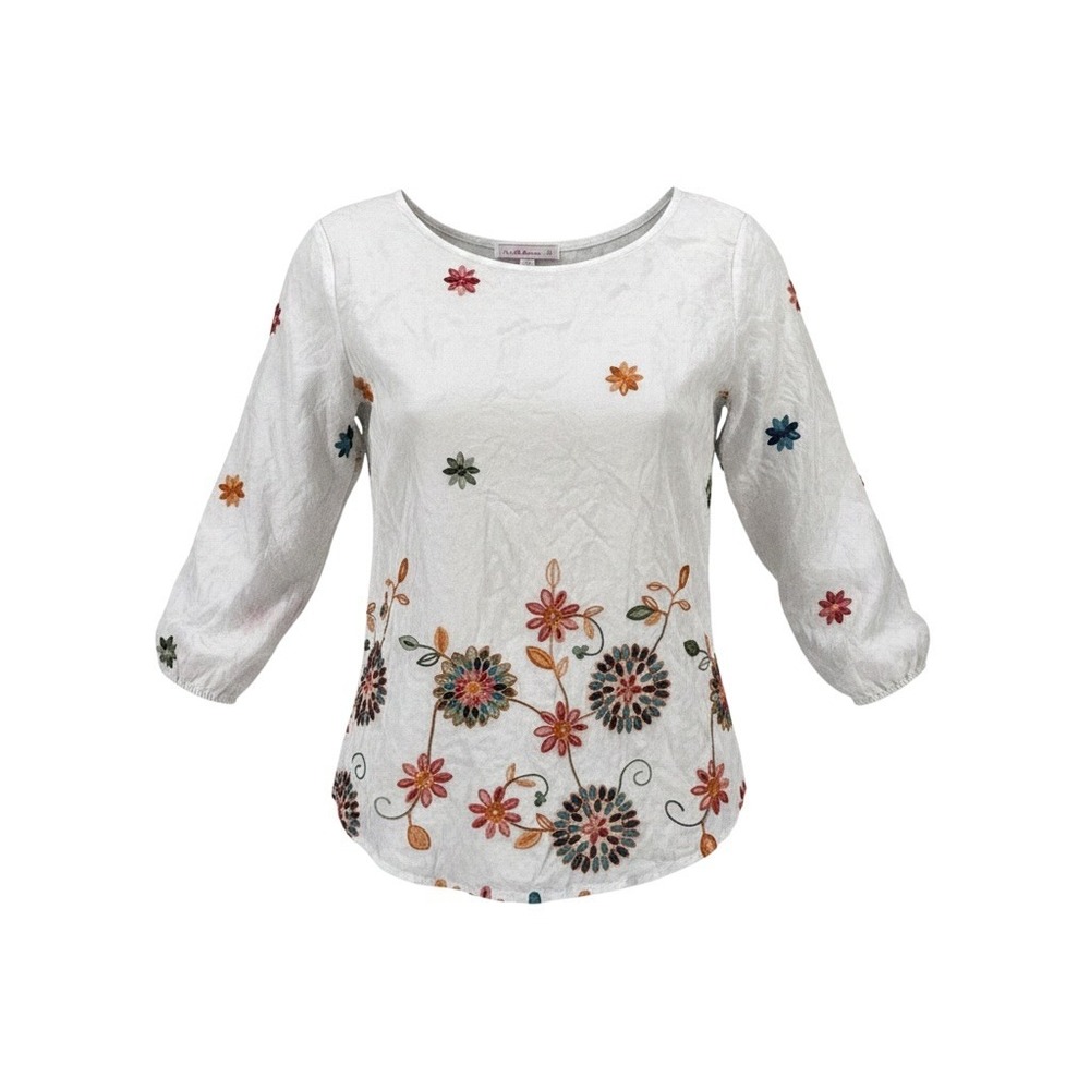 Embroidered‎ White Floral Blouse 3/4 Sleeve Boho Peasant Cottagecore Top